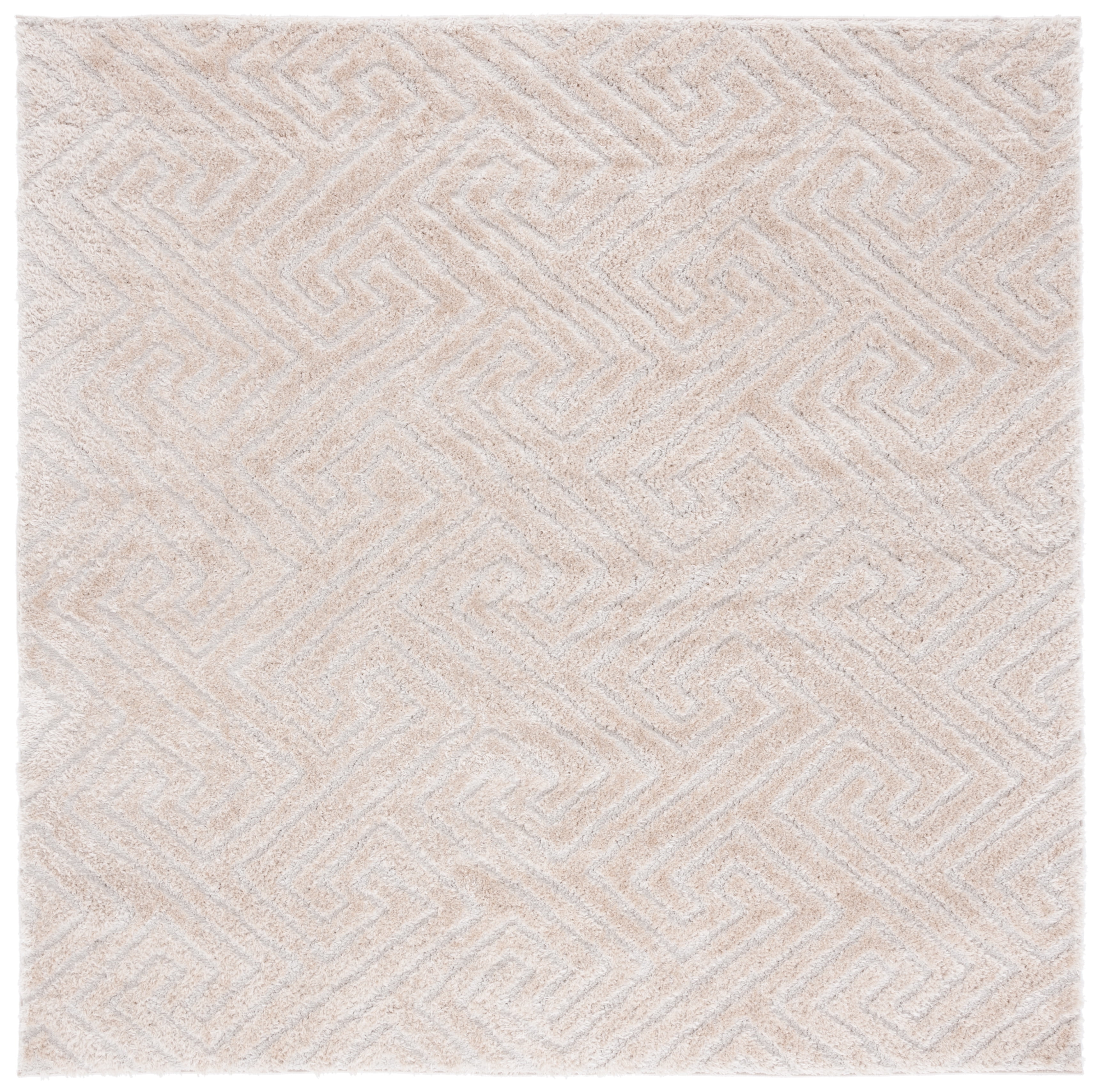 Beige Geometric Shag Synthetic Square Area Rug, 79" x 79"