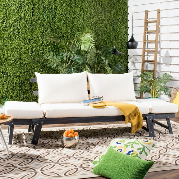 Safavieh Tandra Acacia Wood/Polyester Outdoor Daybed in Dark Slate Gray/Beige