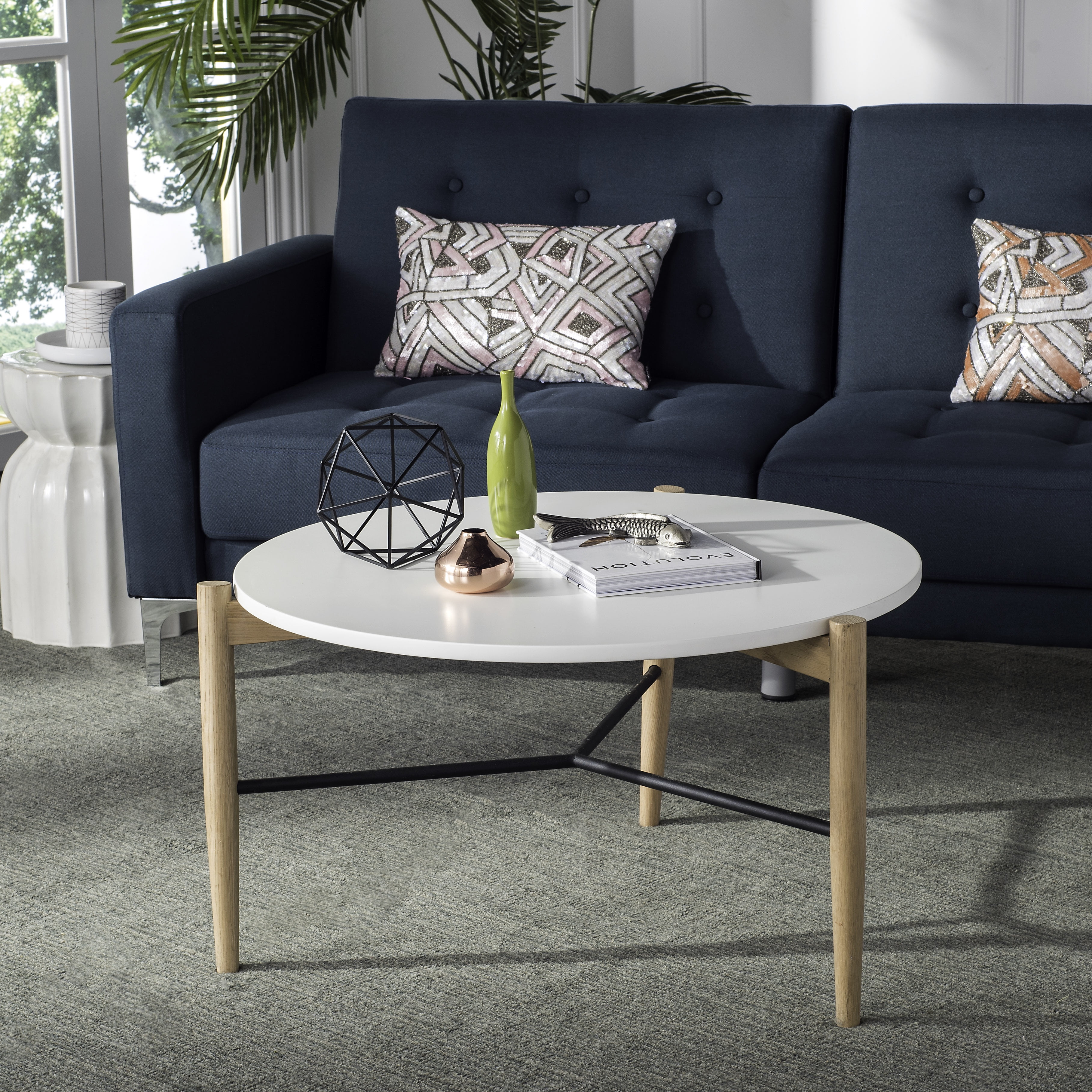 Thyme Round White and Oak Wood Cocktail Table with Metal Accents