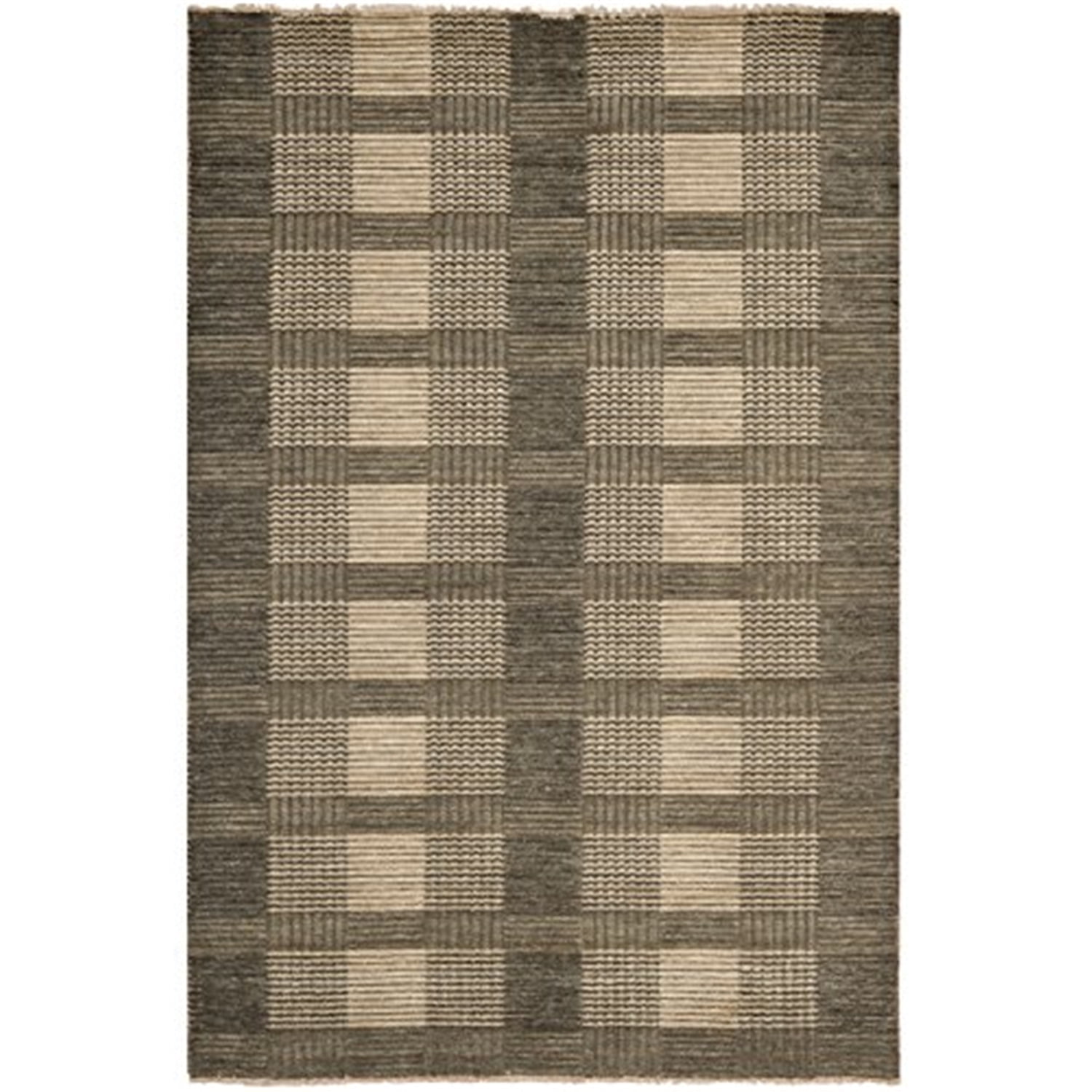 Gray Hand-Knotted Wool Plaid 4' x 6' Rug
