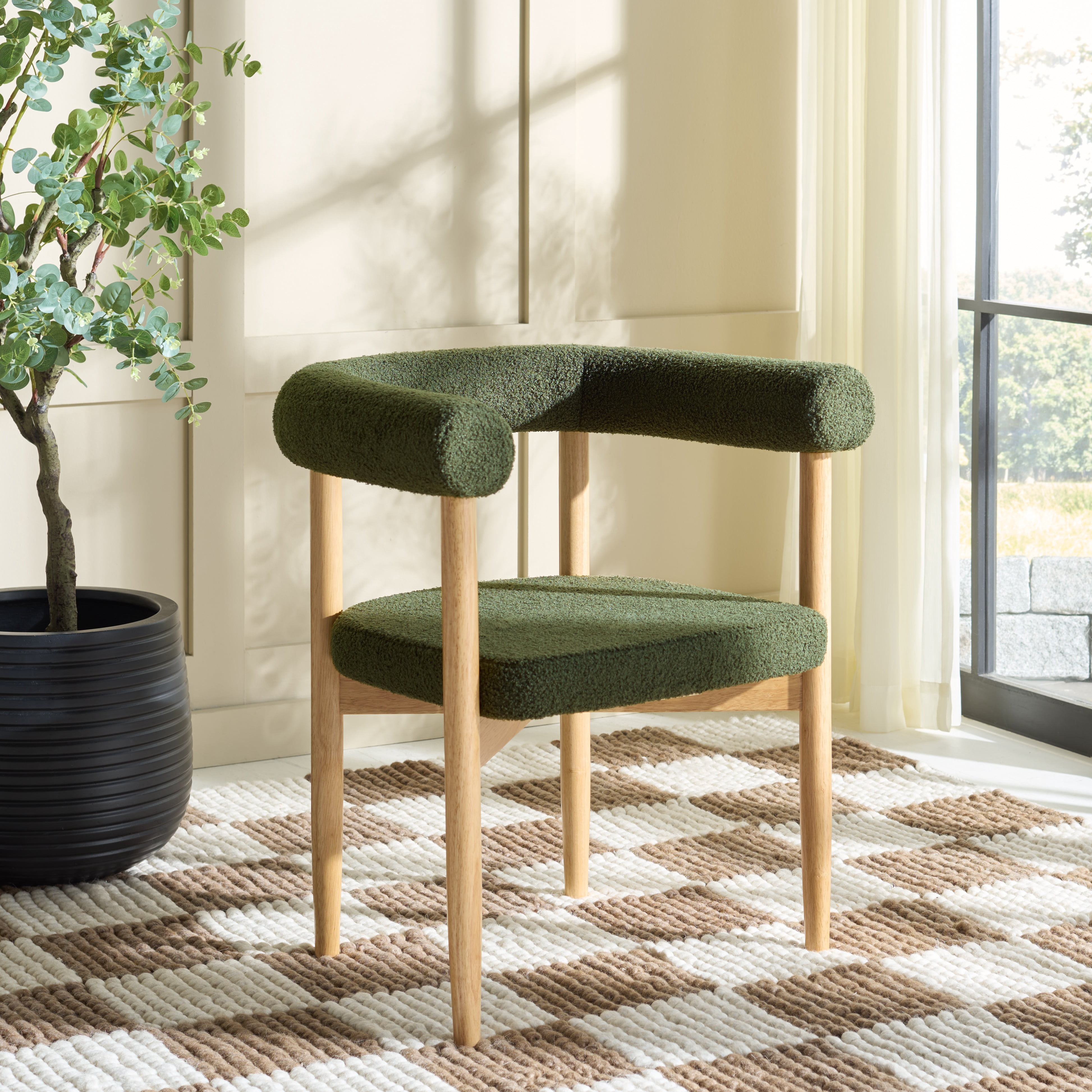 Safavieh Tomio Modern Wood and Fabric Dining Arm Chairs, Walnut / Dark Green