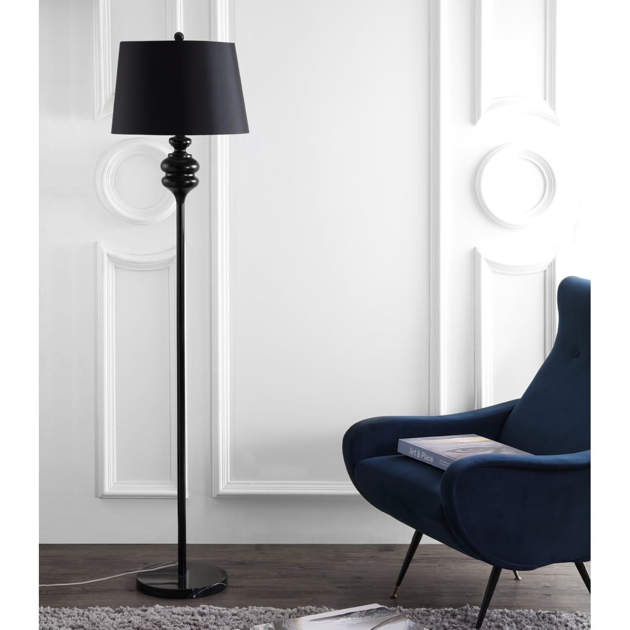 Black Steel Torchiere Floor Lamp with Empire Shade