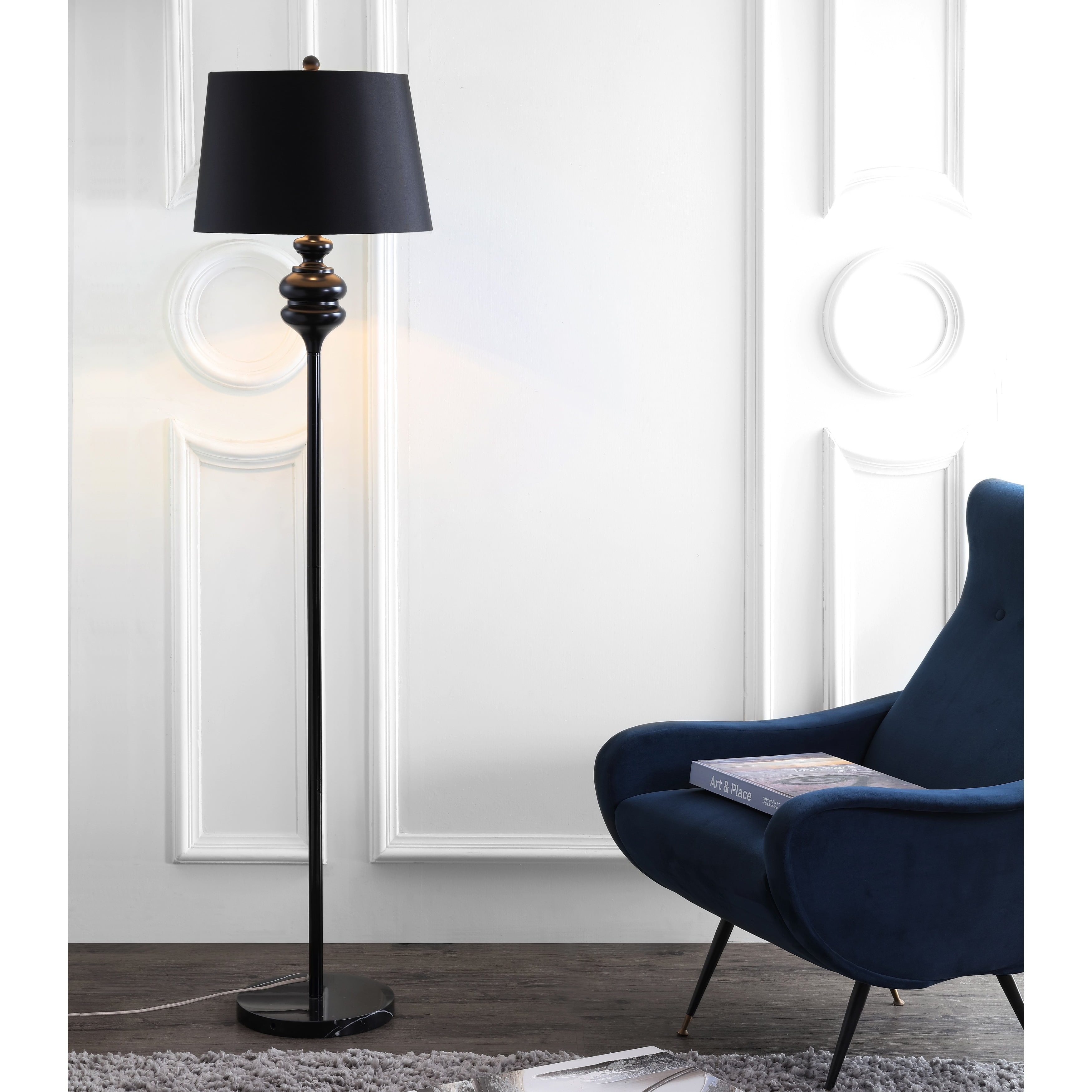 Black Steel Torchiere Floor Lamp with Empire Shade