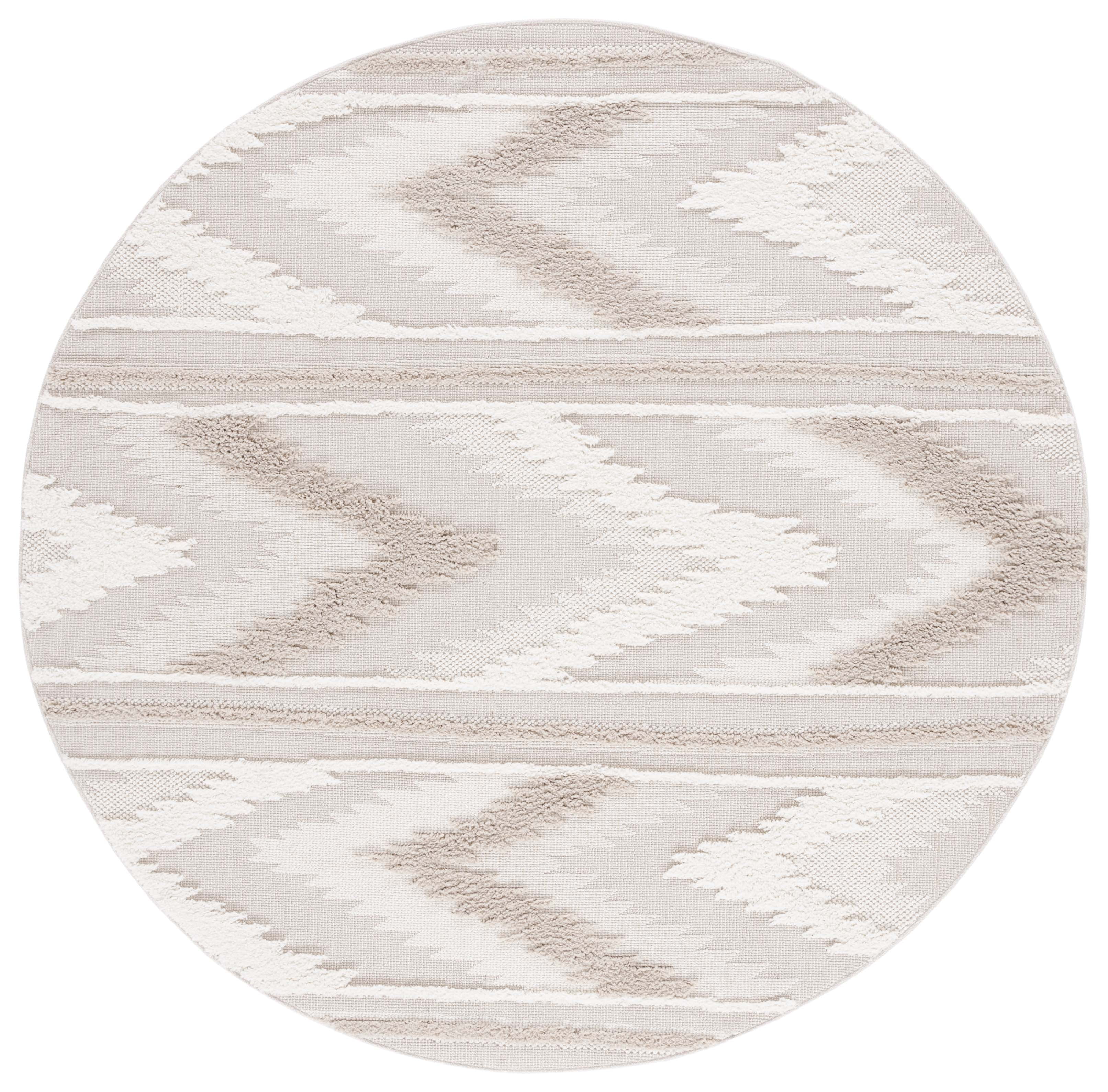 Ivory Geometric Chevron 6'7" Round Area Rug in Synthetic Weave