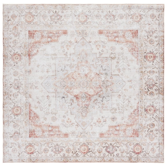 SAFAVIEH Tucson Nazca Oriental Machine Washable Area Rug, Light Grey/Rust, 9' x 9' Square