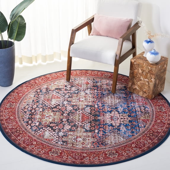 Safavieh Tucson Bronagh Oriental Machine Washable Area Rug, Navy/Rust, 4' x 4' Round