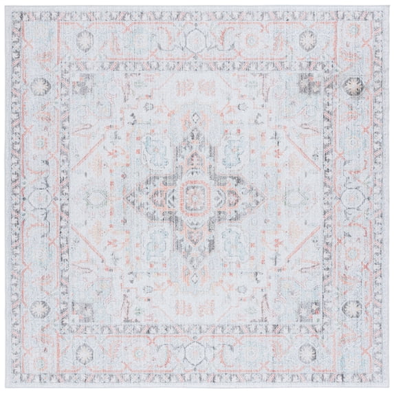 SAFAVIEH Tucson Alyx Medallion Machine Washable Area Rug, Light Grey/Light Green, 4' x 4' Square