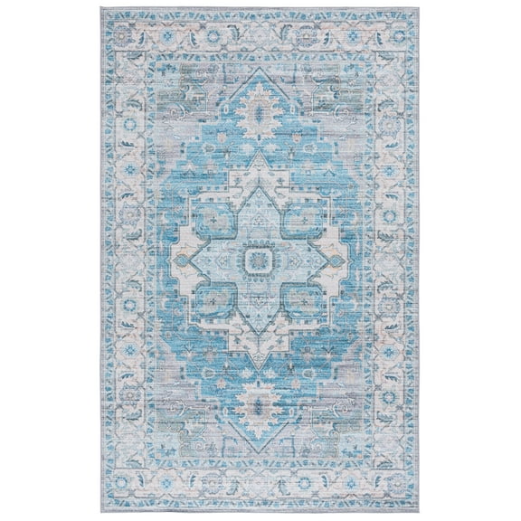 SAFAVIEH Tucson Alyx Oriental Machine Washable Area Rug, Grey/Turquoise, 4' x 6'