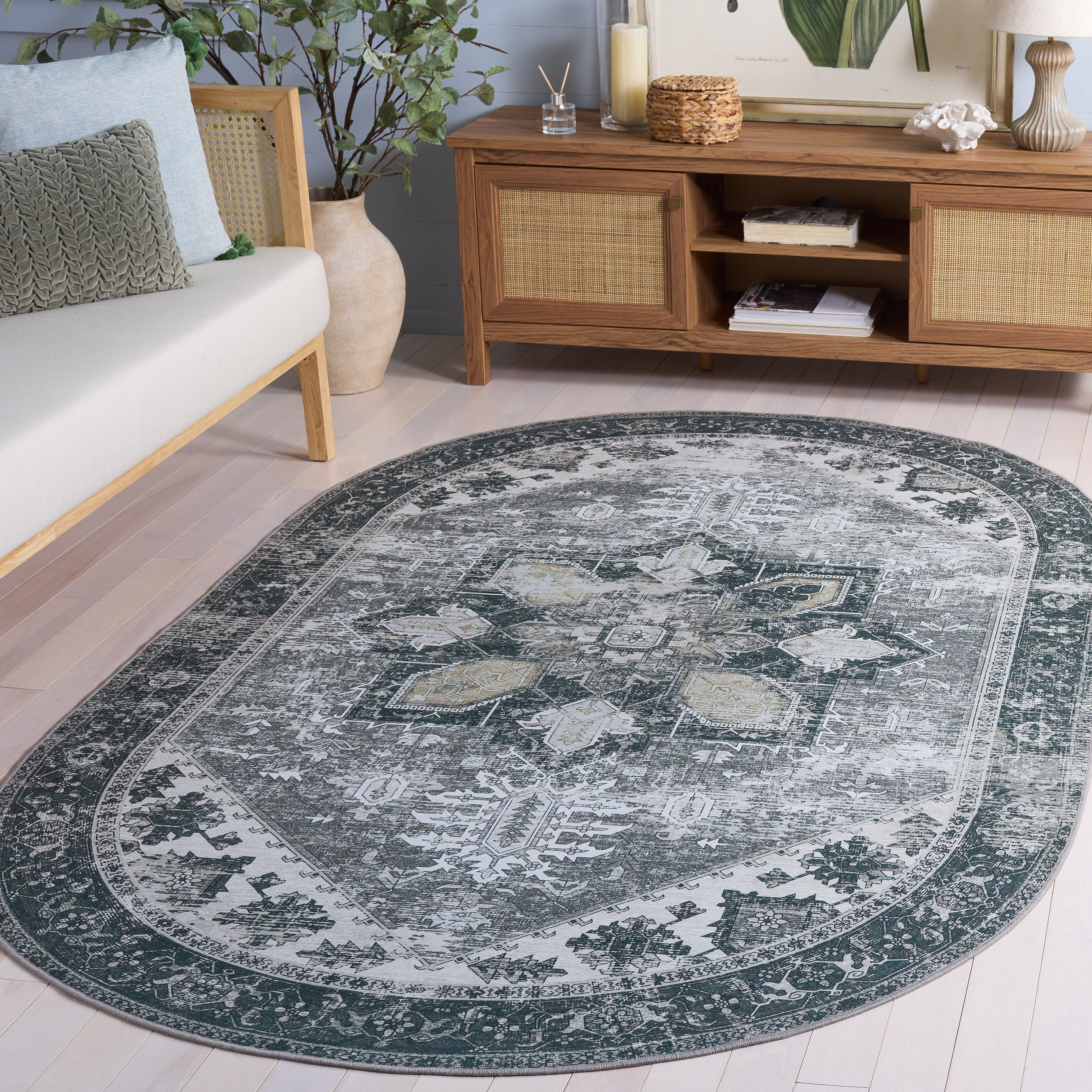 Safavieh Tucson Jayla Oriental Machine Washable Area Rug, Dark Sage/Ivory, 6' x 8' Oval