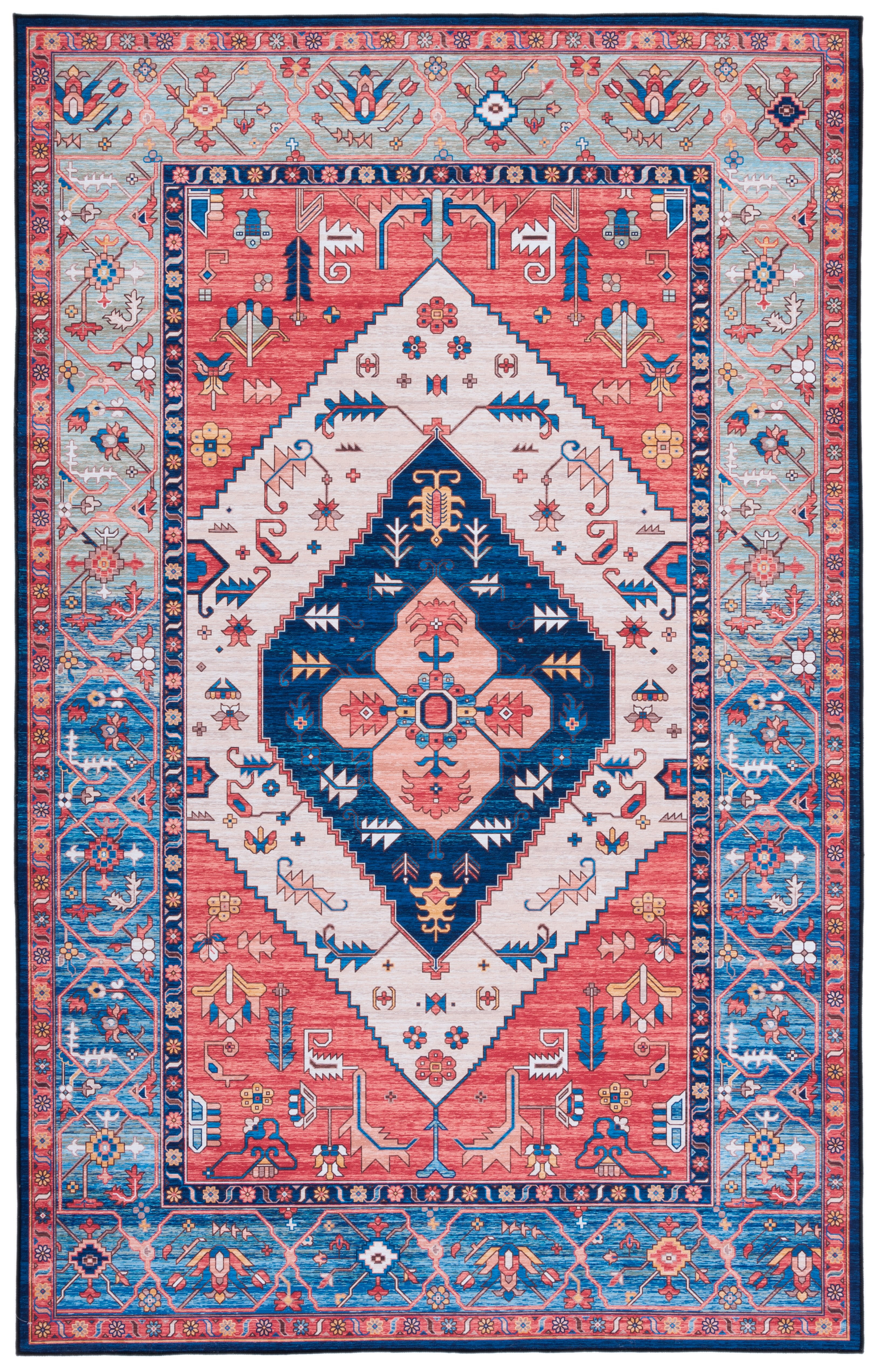 Rust and Blue Synthetic 8' x 10' Oriental Washable Area Rug