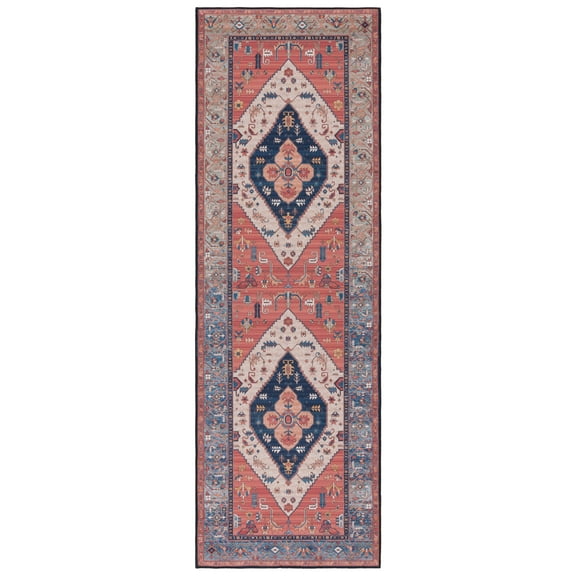 SAFAVIEH Tucson Nicole Oriental Machine Washable Runner Rug, Rust/Blue, 2'6" x 14'