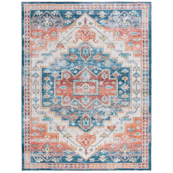 SAFAVIEH Tucson Melvin Oriental Machine Washable Area Rug, Blue/Rust, 10' x 14'