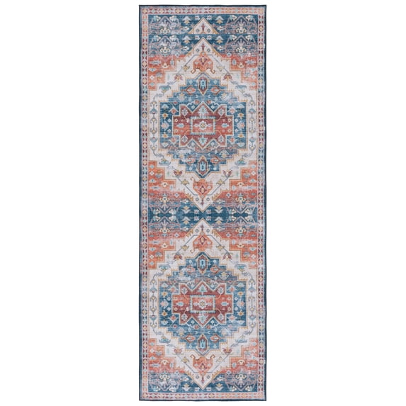 SAFAVIEH Tucson Melvin Oriental Machine Washable Runner Rug, Blue/Rust, 2'6" x 6'