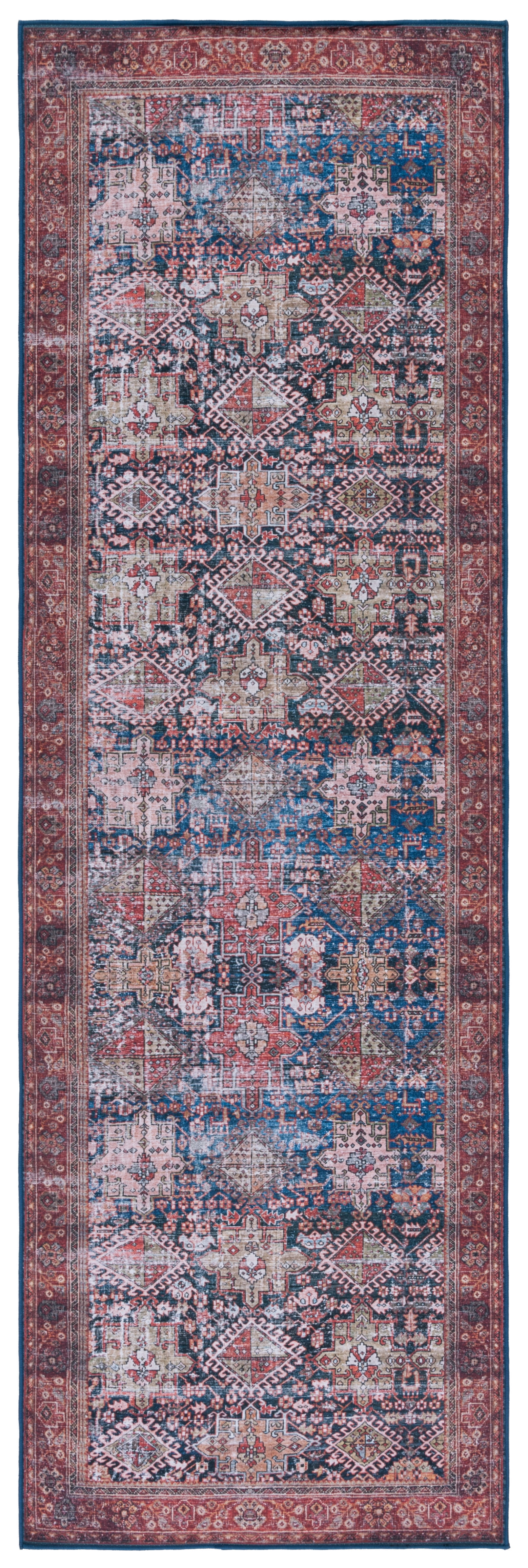 Navy and Rust Oriental Synthetic Runner Rug, 2'6" x 10'