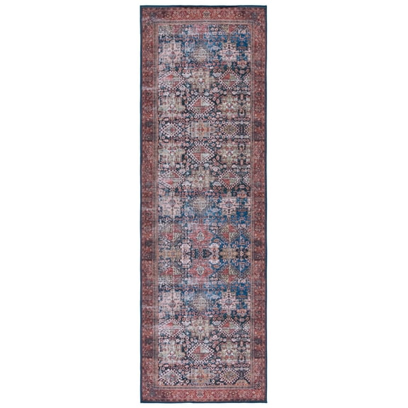 SAFAVIEH Tucson Bronagh Oriental Machine Washable Runner Rug, Navy/Rust, 2'6" x 12'