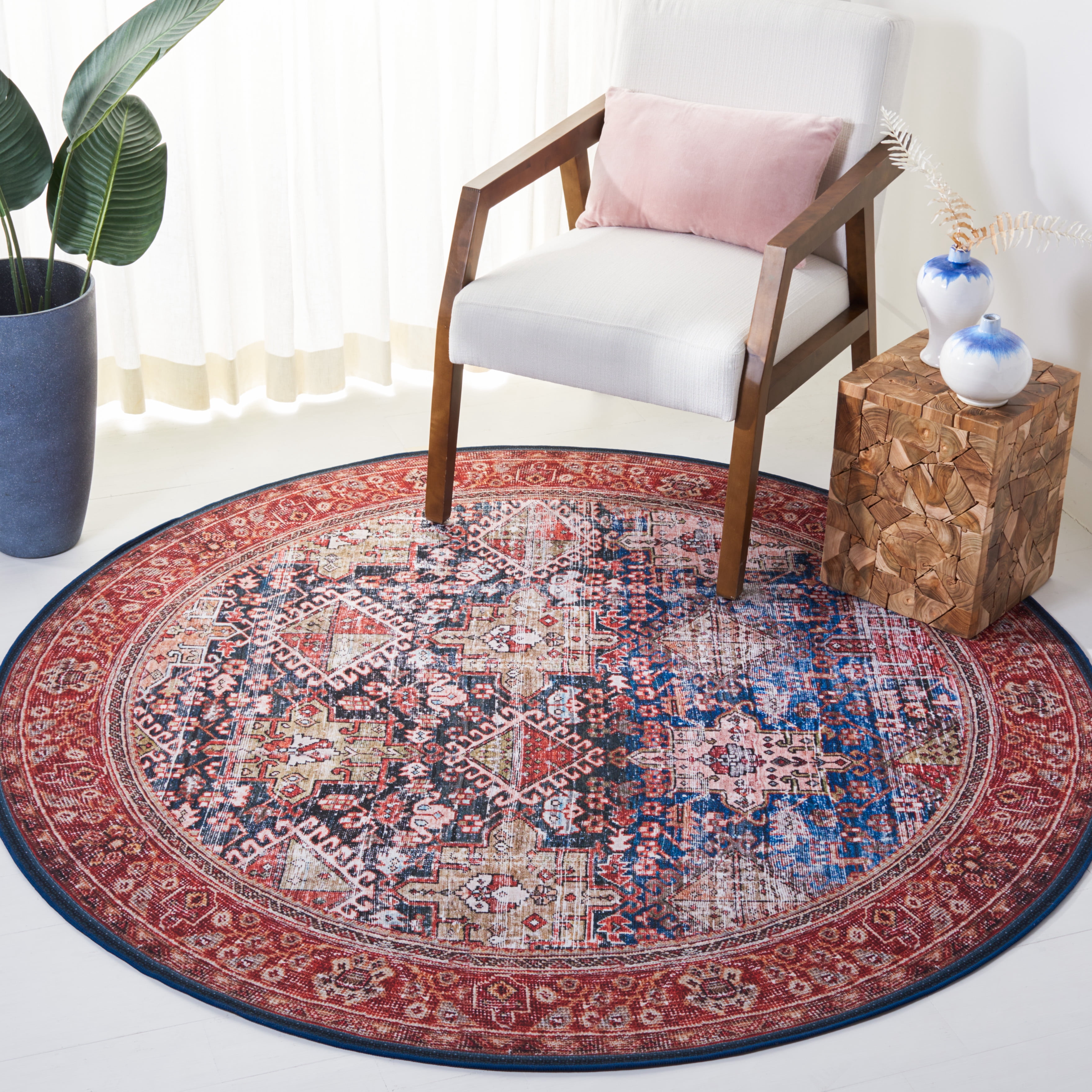 Safavieh Tucson Bronagh Oriental Machine Washable Area Rug, Navy/Rust, 4' x 4' Round