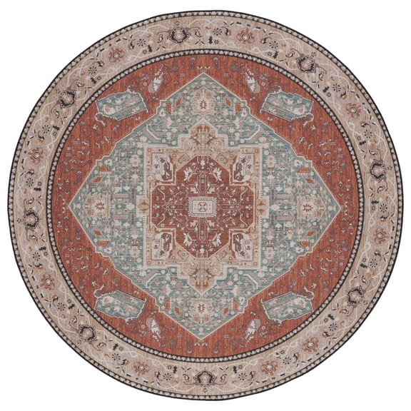 SAFAVIEH Tucson Filip Oriental Machine Washable Area Rug, Aqua/Rust, 4' x 4' Round