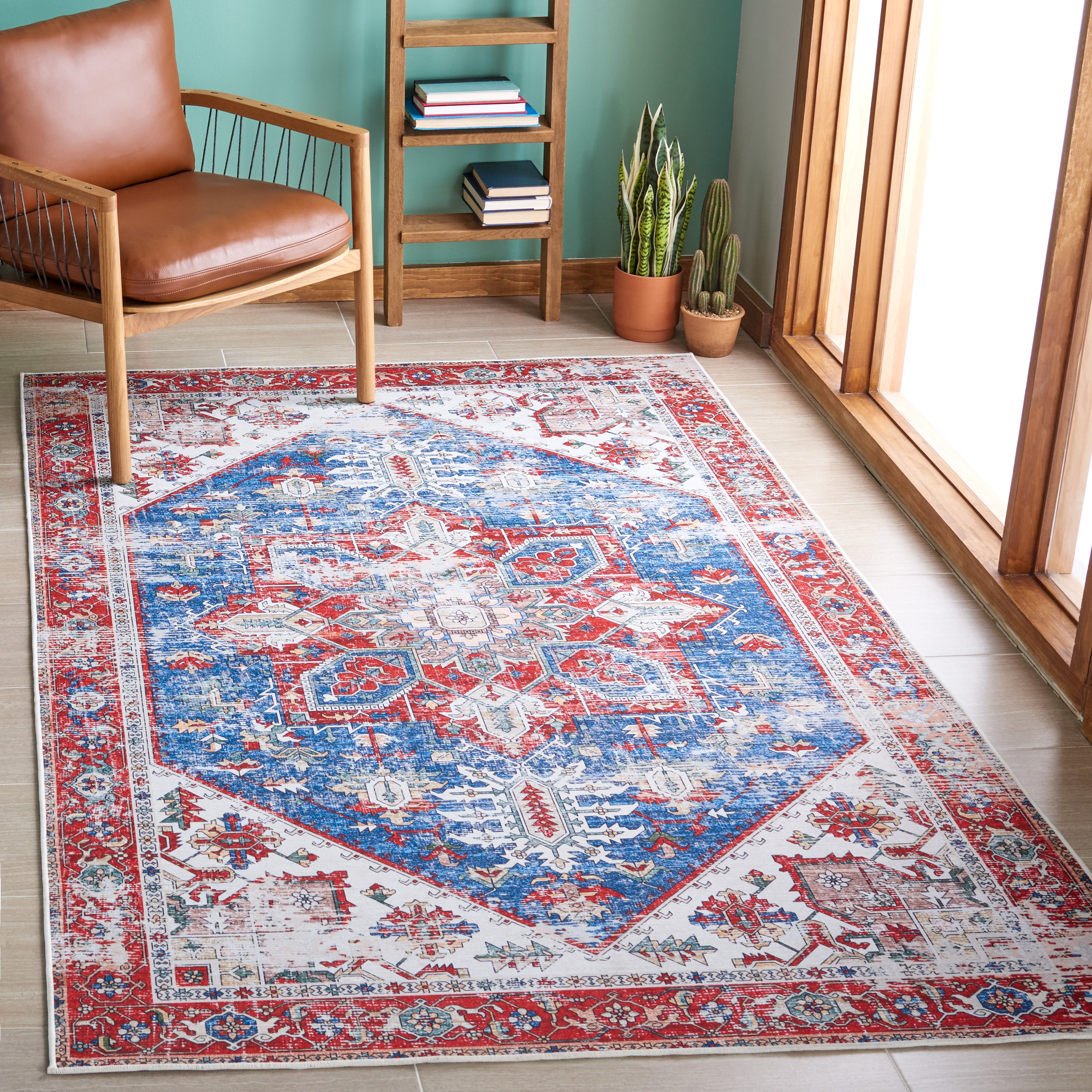 Safavieh Tucson Jayla Oriental Machine Washable Area Rug, Blue/Red, 3' x 3' Square