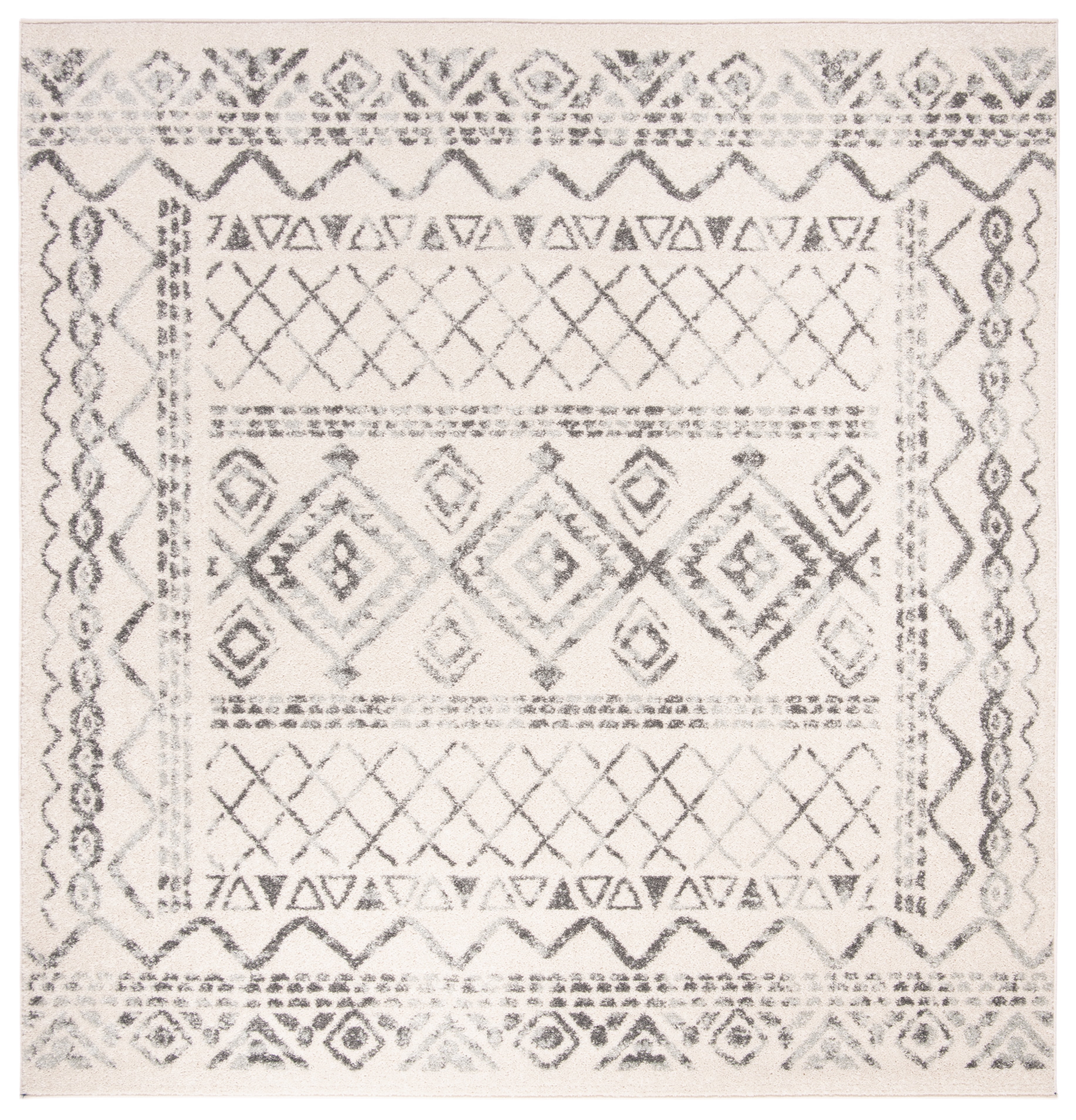 Ivory and Grey Square Synthetic Boho Area Rug, 8'x8'