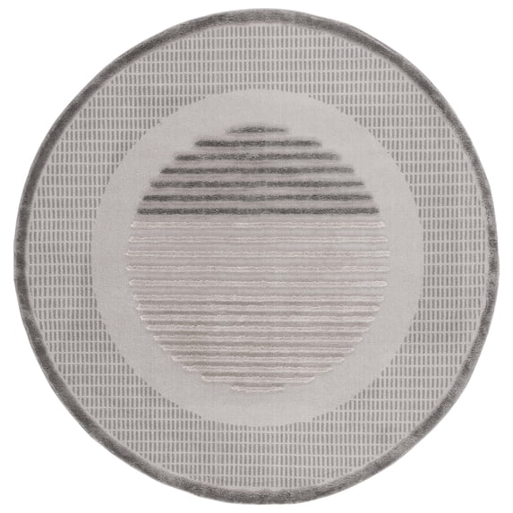 SAFAVIEH Urban Merrick High Low Double Circle Striped with Fringe Area Rug, Grey/Light Grey, 6'7" x 6'7" Round