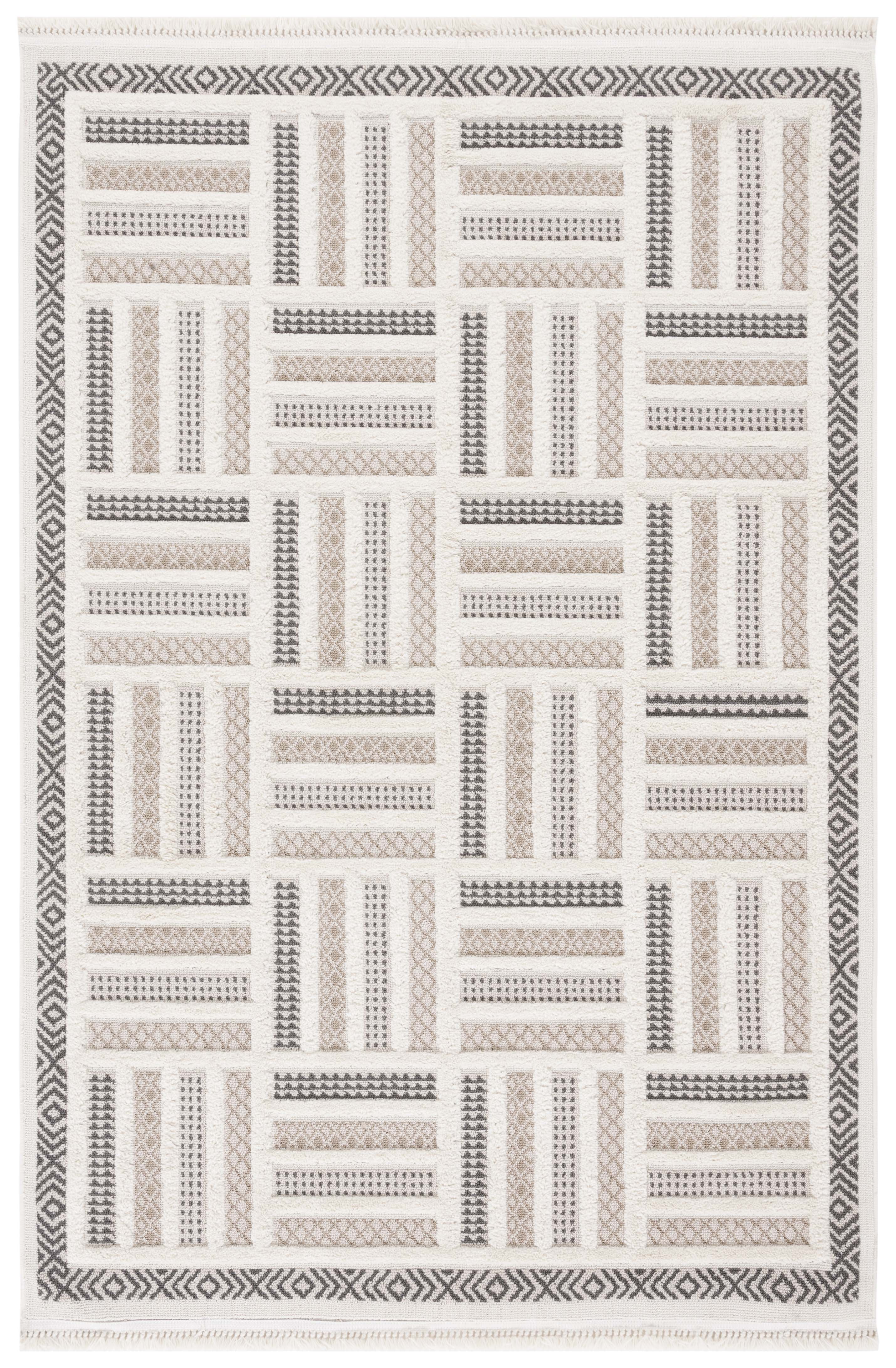 Ivory Geometric Easy-Care Synthetic Rug - Handmade & Washable