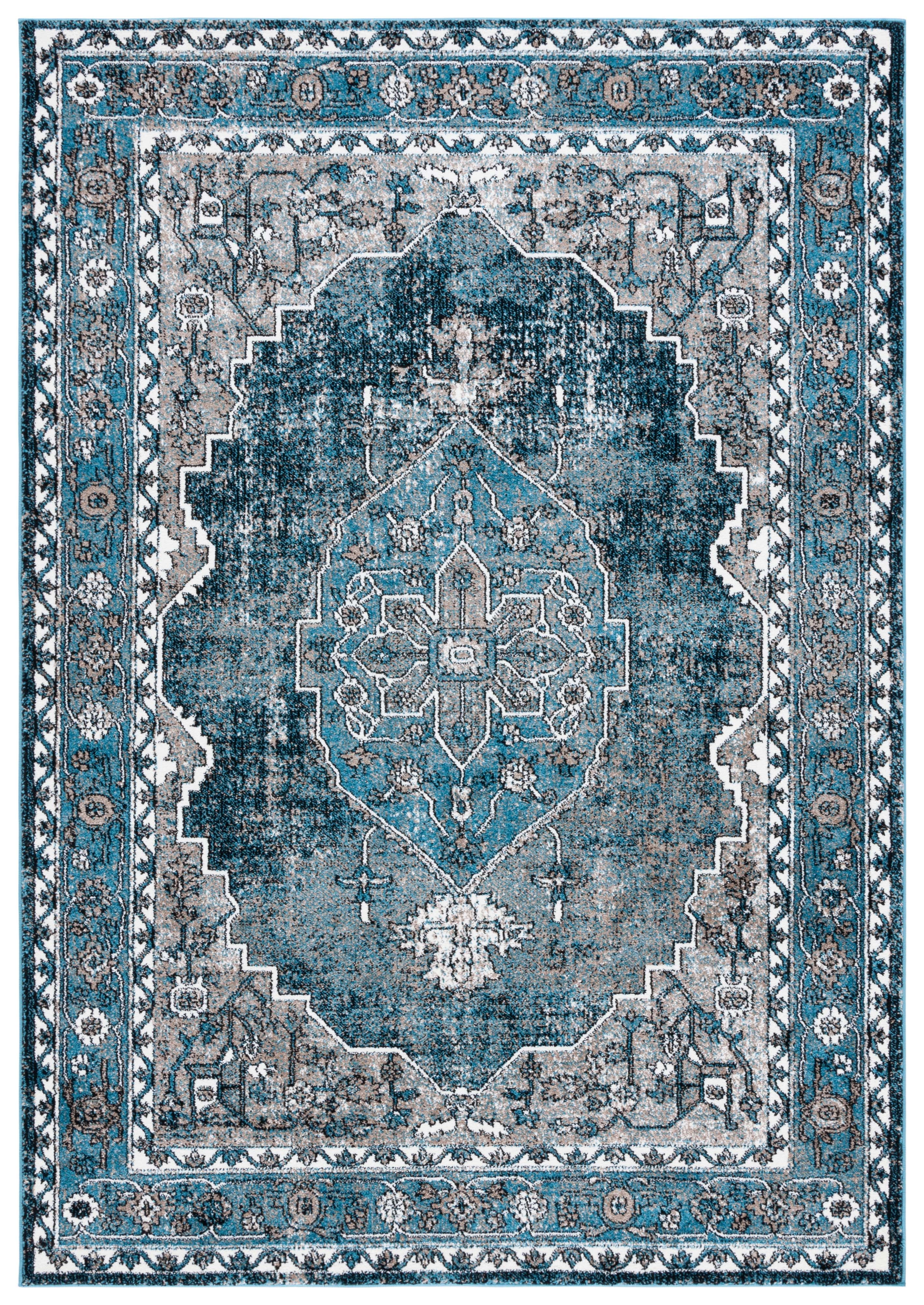 Vintage Blue and Ivory Synthetic 8' x 10' Hand-Knotted Area Rug