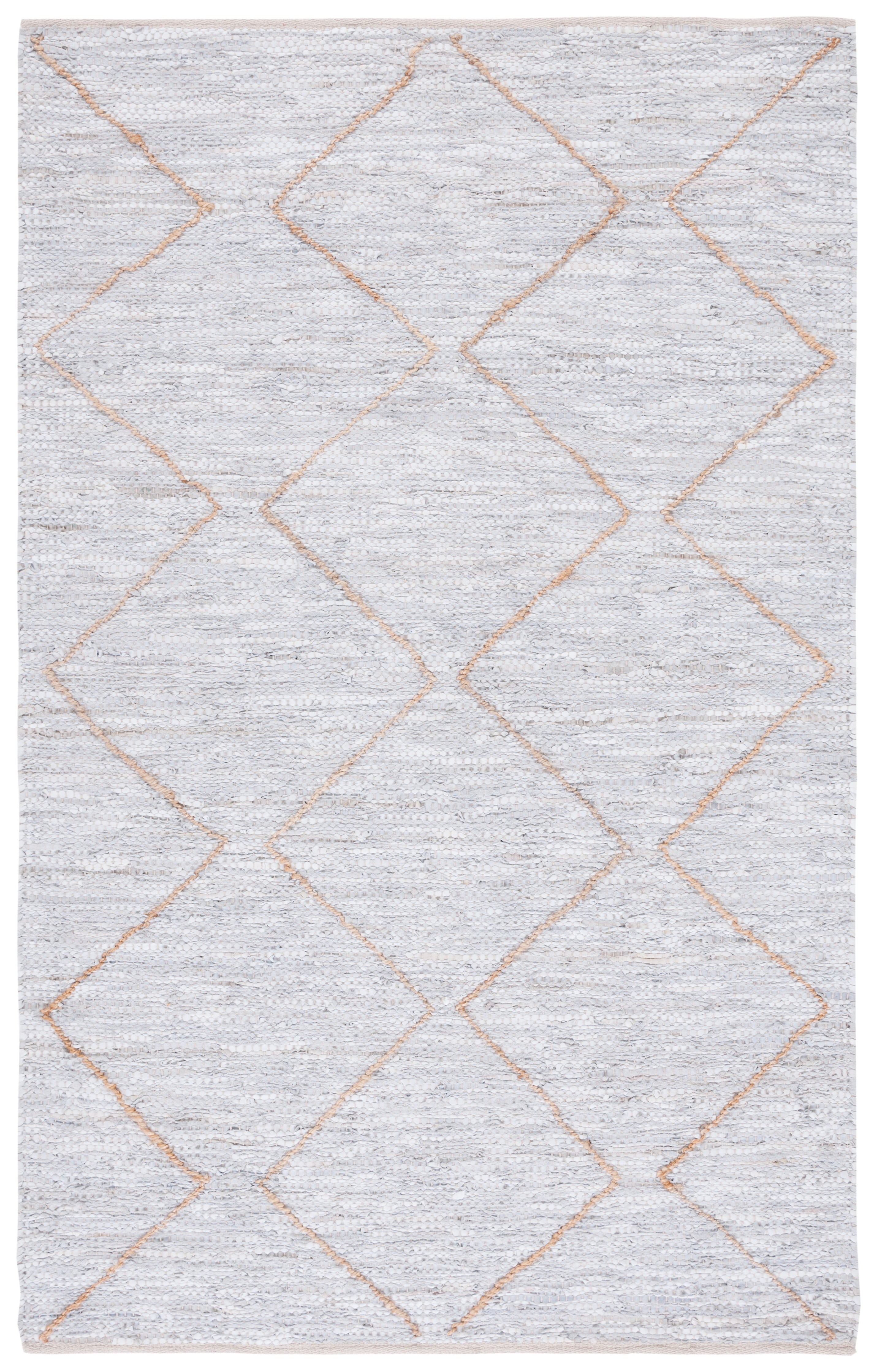 Light Gray and Natural Handwoven Leather Cotton Area Rug 4' x 6'