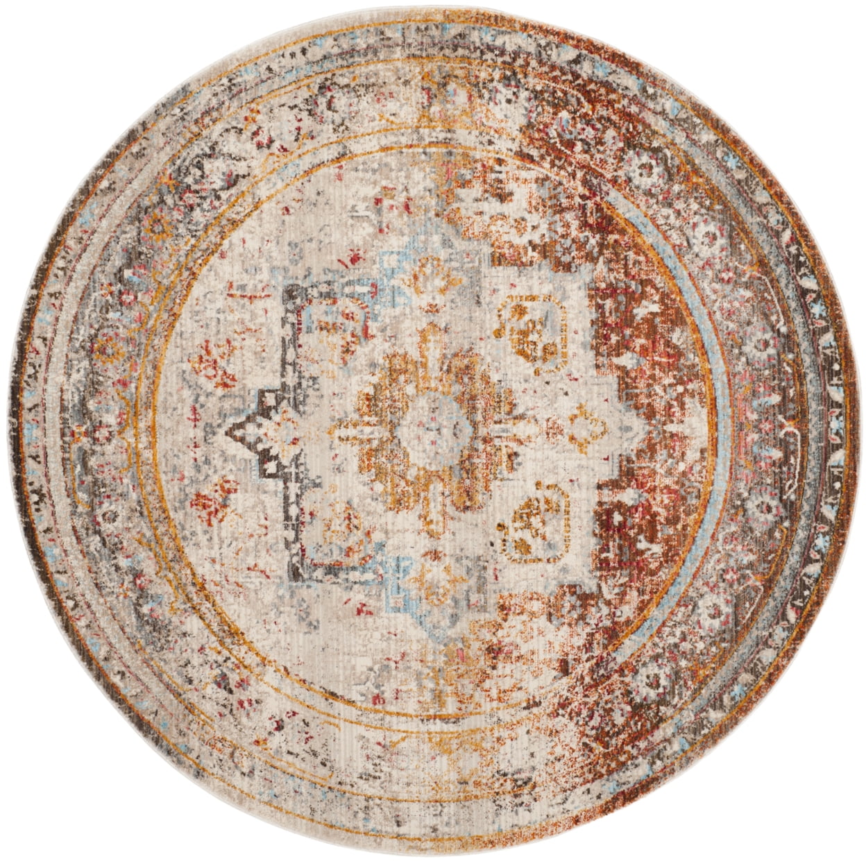 Vintage Persian Cream and Multi Round Synthetic Rug