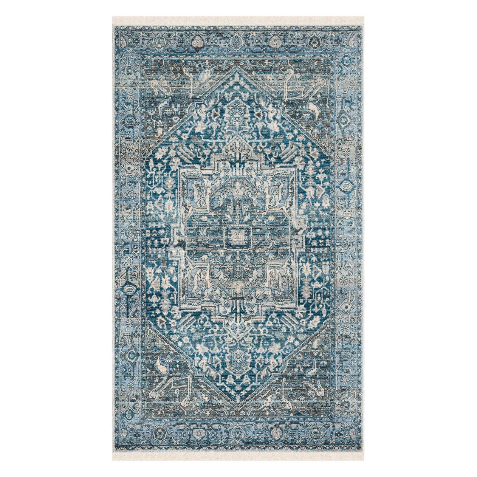 Vintage Charcoal and Blue Synthetic Persian Area Rug, 4' x 6'