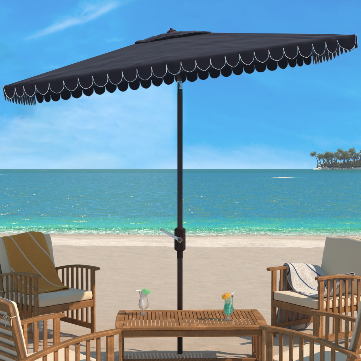 blue patio umbrella with white pole Tilt | Auto-Tilt, Fade-Proof, Wind Resistant | Commercial Grade | Terylast Light Navy flexible fiberglass ribs absorb movement JONATHAN Y Beverly 9 ft.