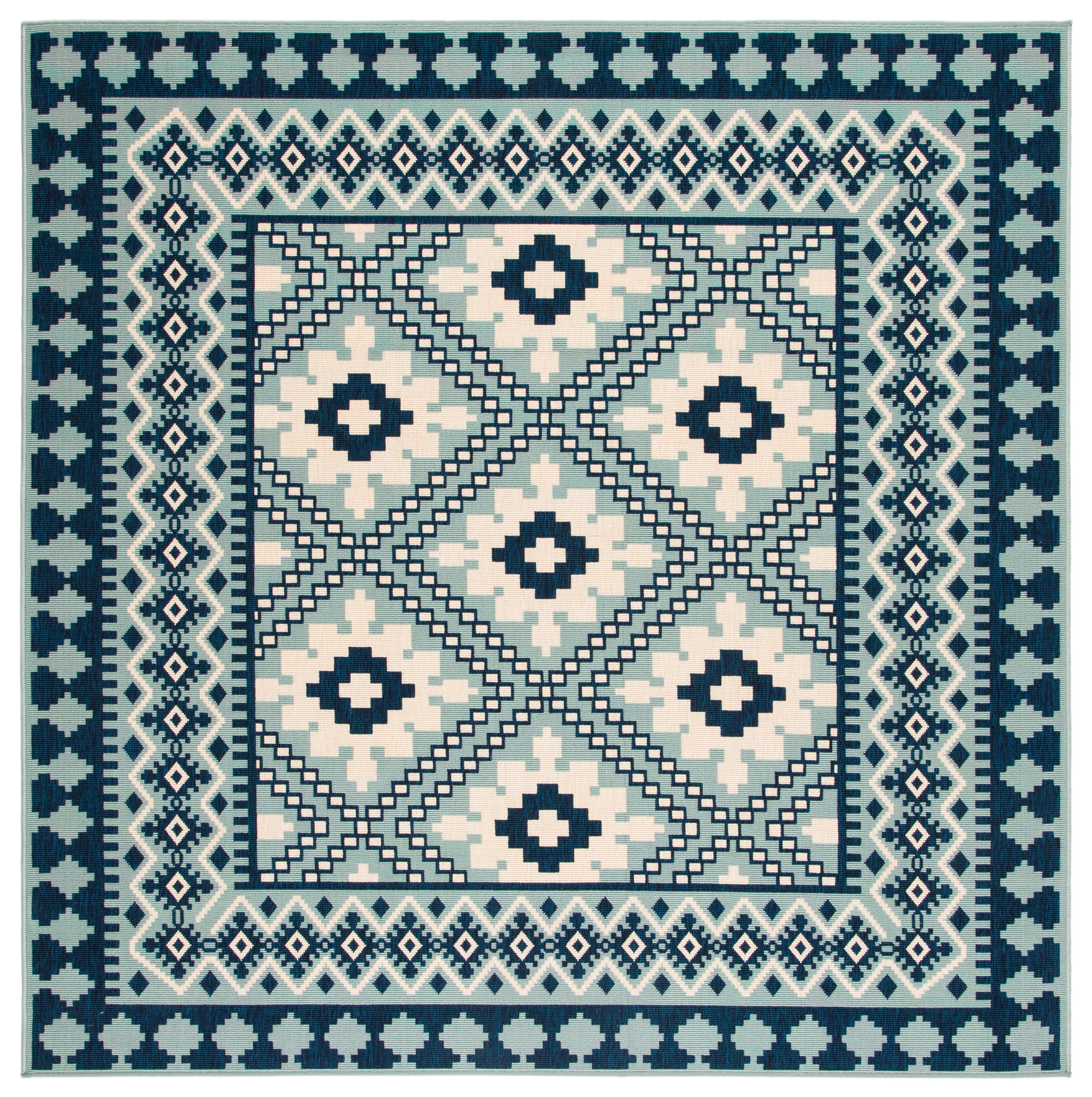 Ivory and Blue Square Synthetic Southwestern Rug