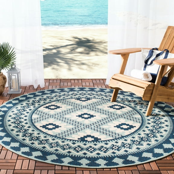 SAFAVIEH Veranda Magna Geometric Indoor/Outdoor Area Rug, Ivory/Blue, 3' x 3' Round
