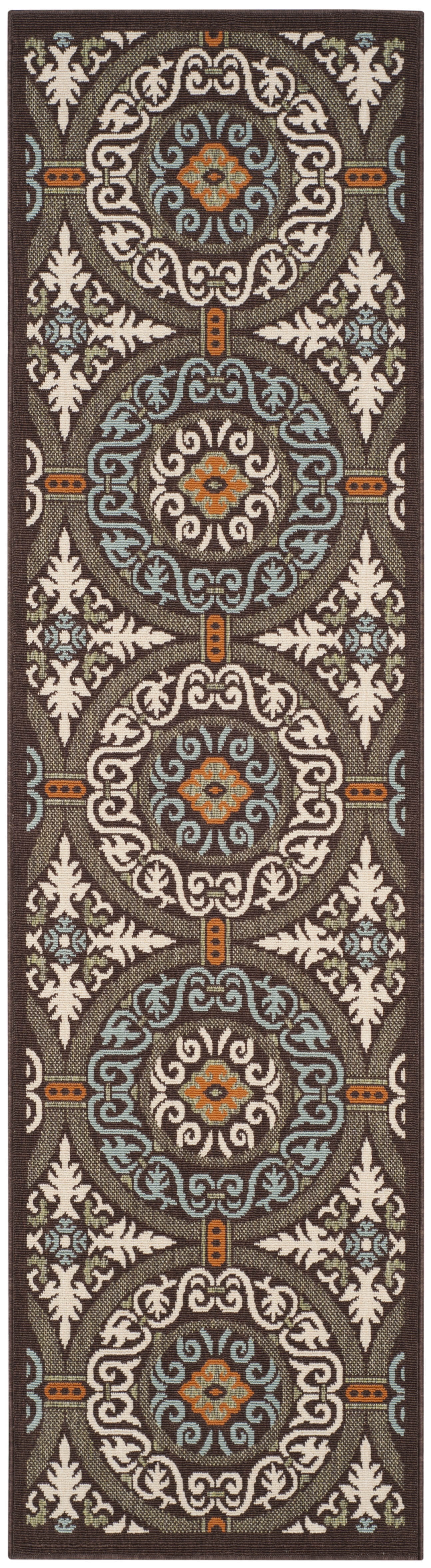 SAFAVIEH Veranda Durga Geometric Indoor/Outdoor Runner Rug, Chocolate/Aqua, 2'3" x 14'