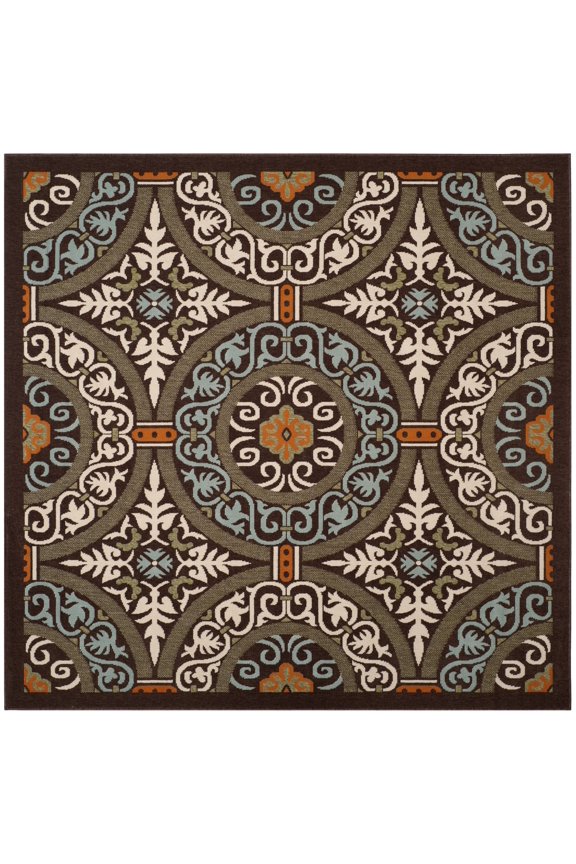 Veranda Durga Geometric Indoor/Outdoor Area Rug, Chocolate/Aqua, 5'3" x 5'3" Square