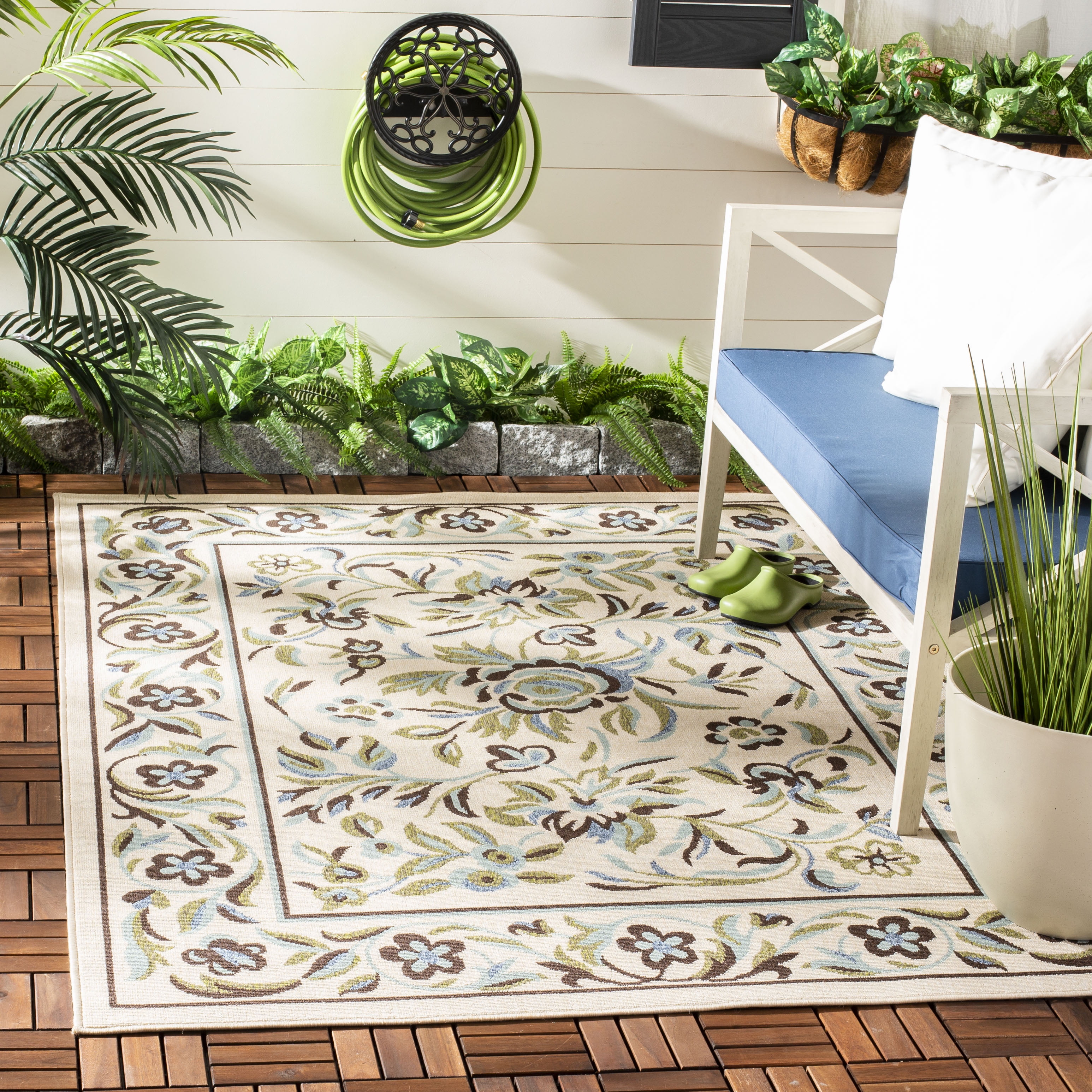 Cream and Green Floral Synthetic Rectangular Area Rug 4'0" x 5'7"