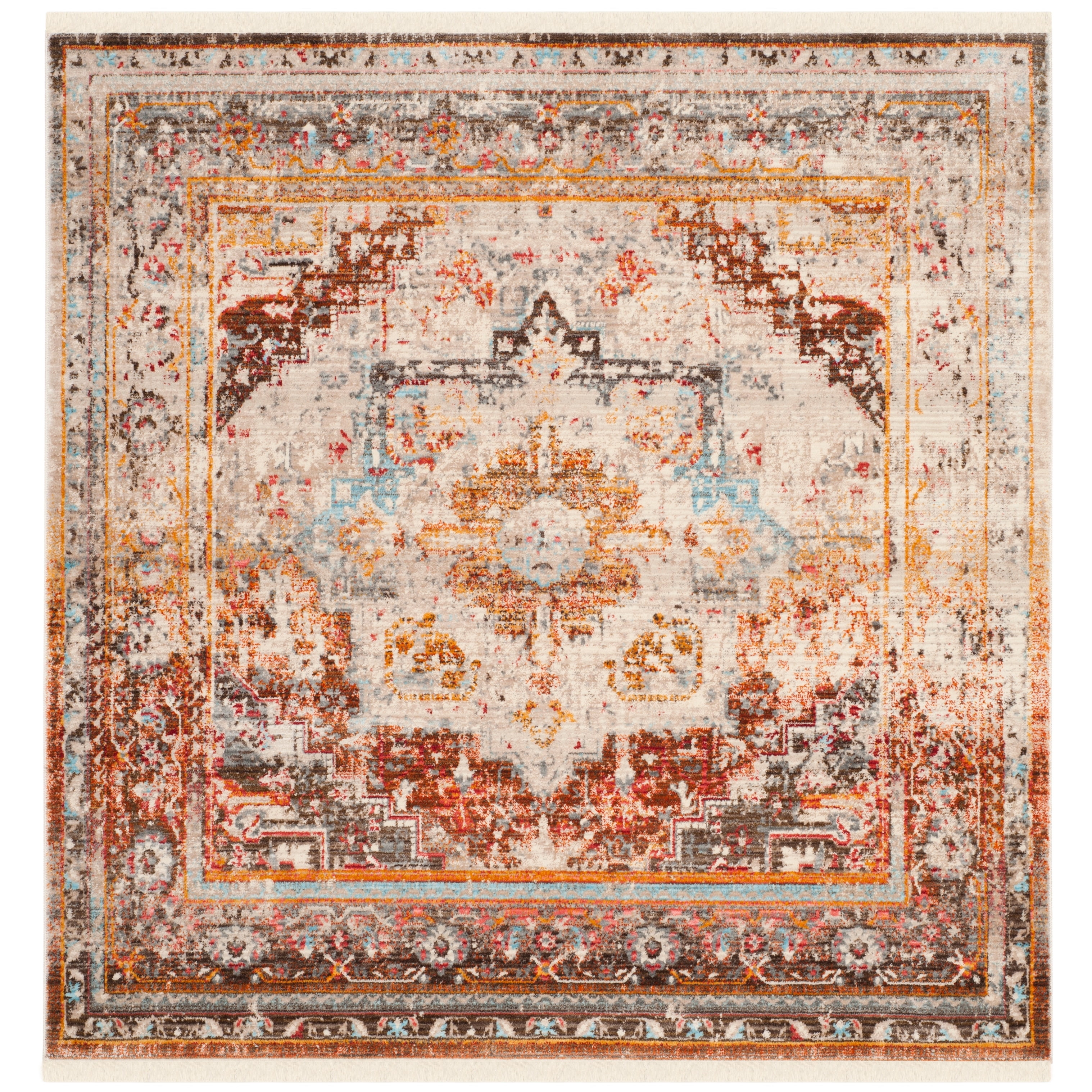 Elegant Cream and Multicolor 5' Square Synthetic Area Rug