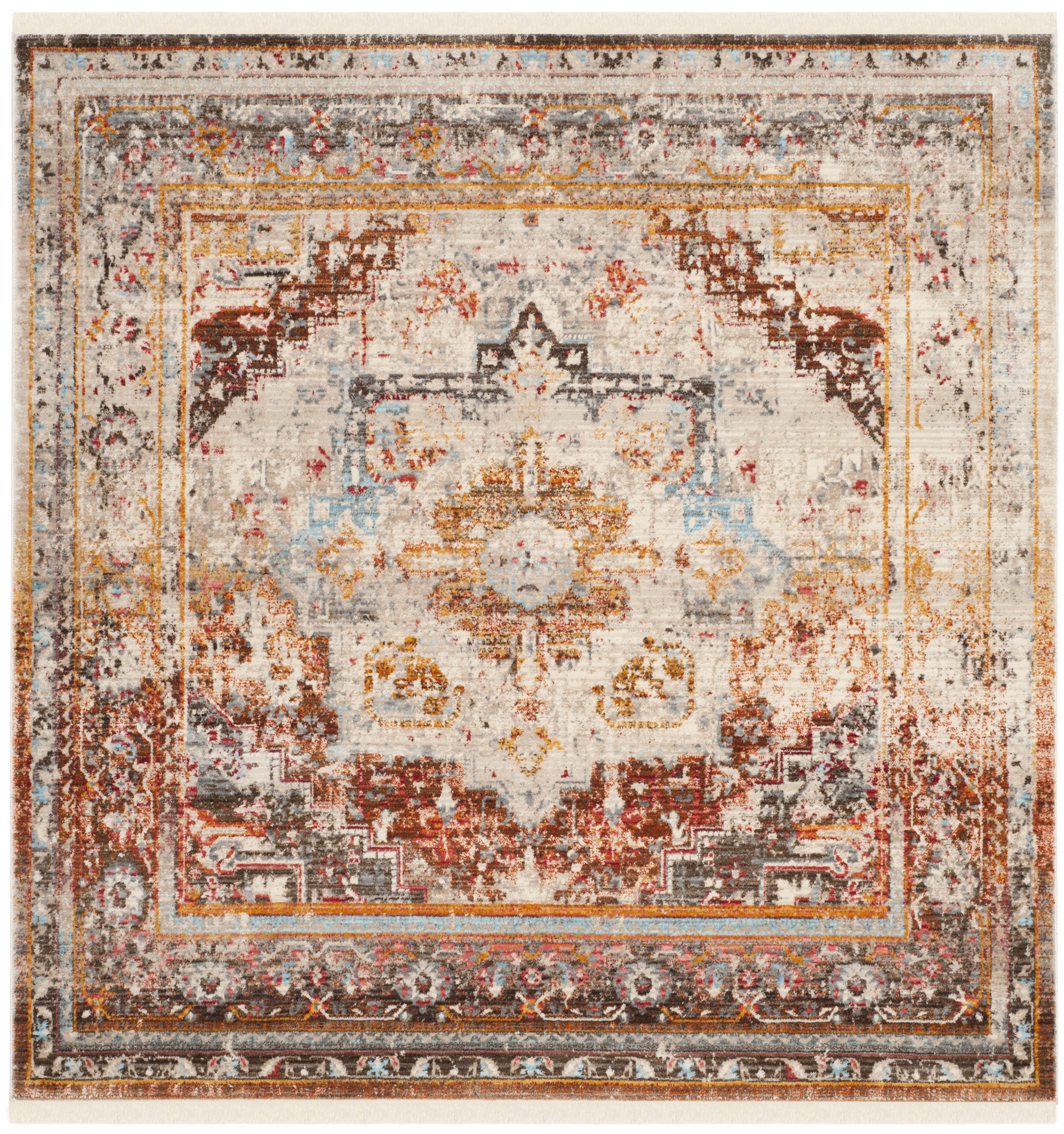 Elegant Cream and Multicolor 5' Square Synthetic Area Rug