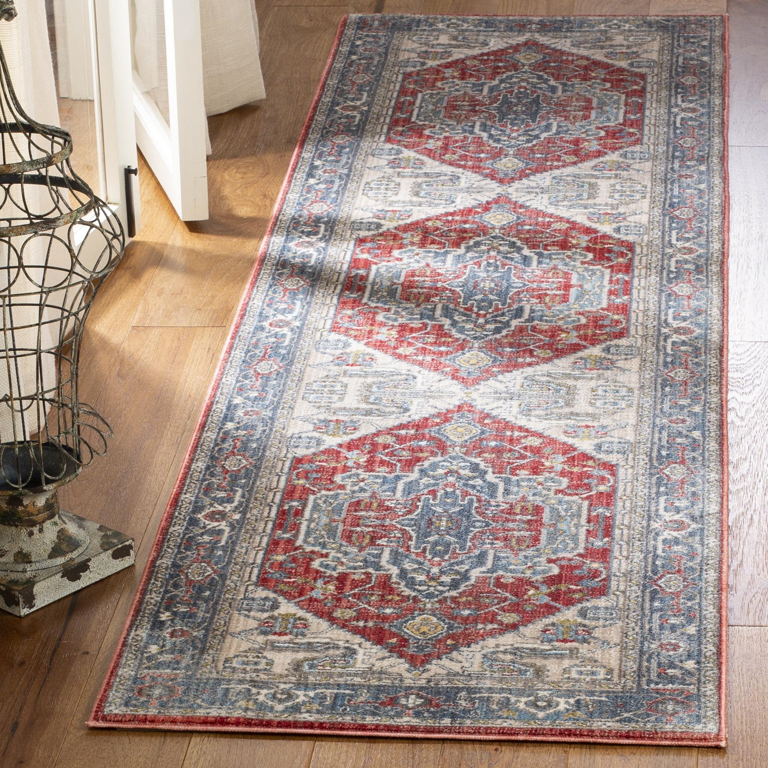 Red and Blue Floral Motif Low Pile Runner Rug
