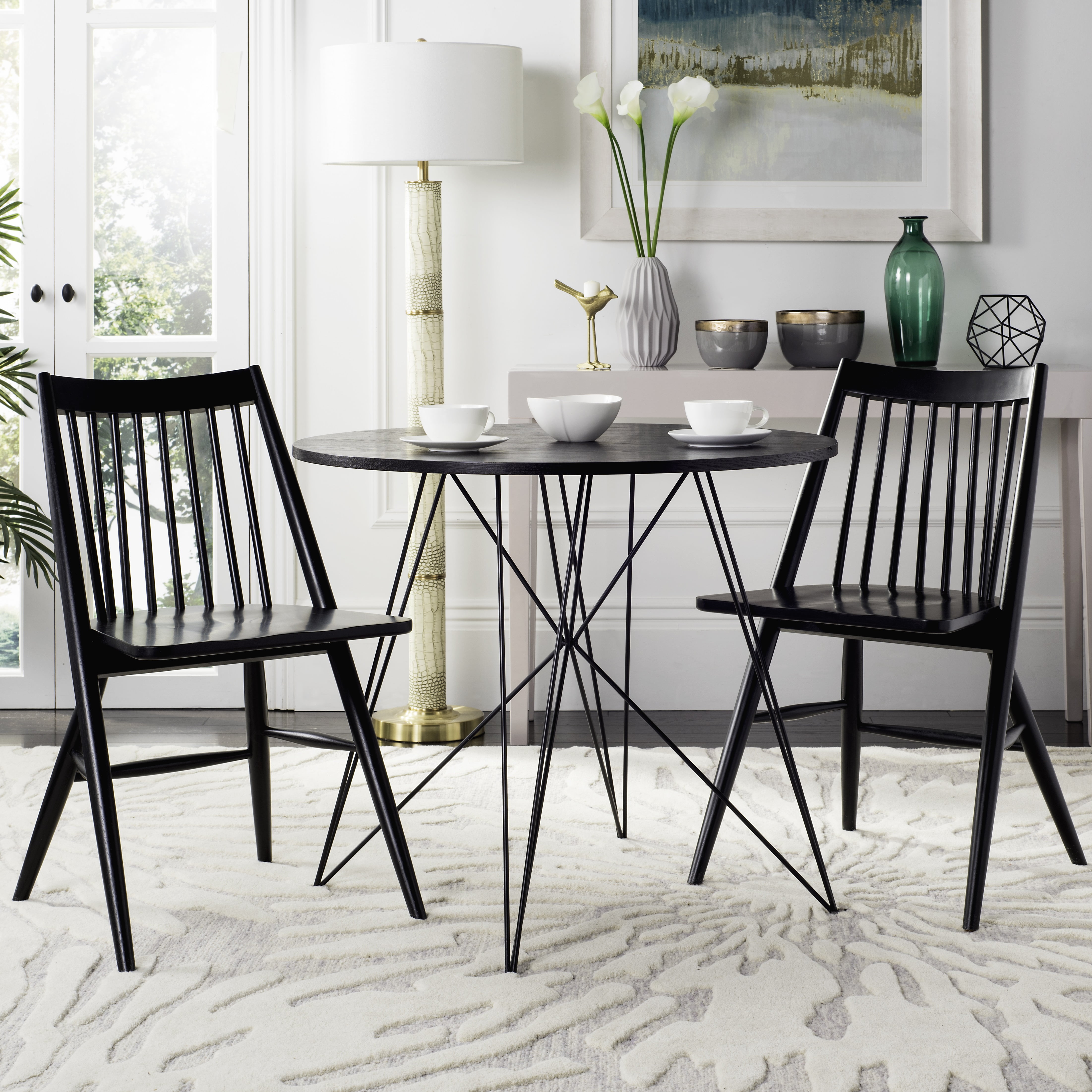 Black Wood Windsor Slat Back Dining Chair Set
