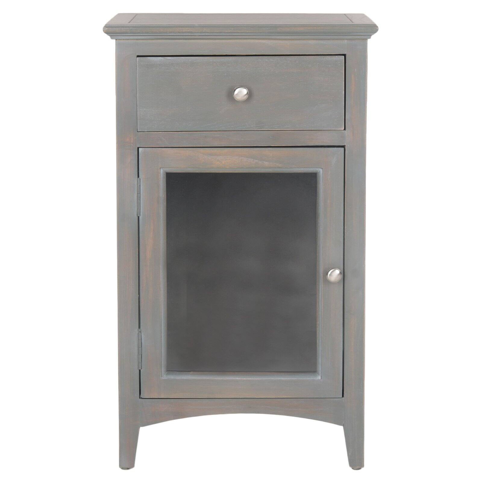 Transitional Ash Grey Elm Wood Nightstand with Glass Storage