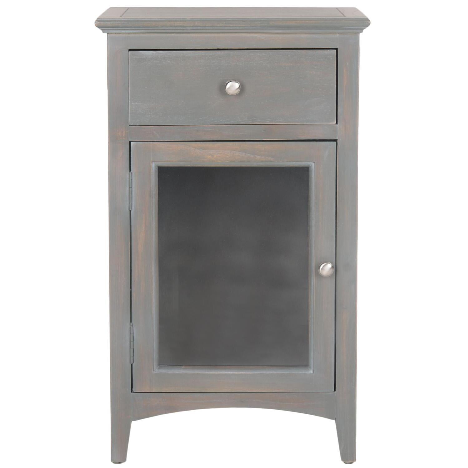 Transitional Ash Grey Elm Wood Nightstand with Glass Storage