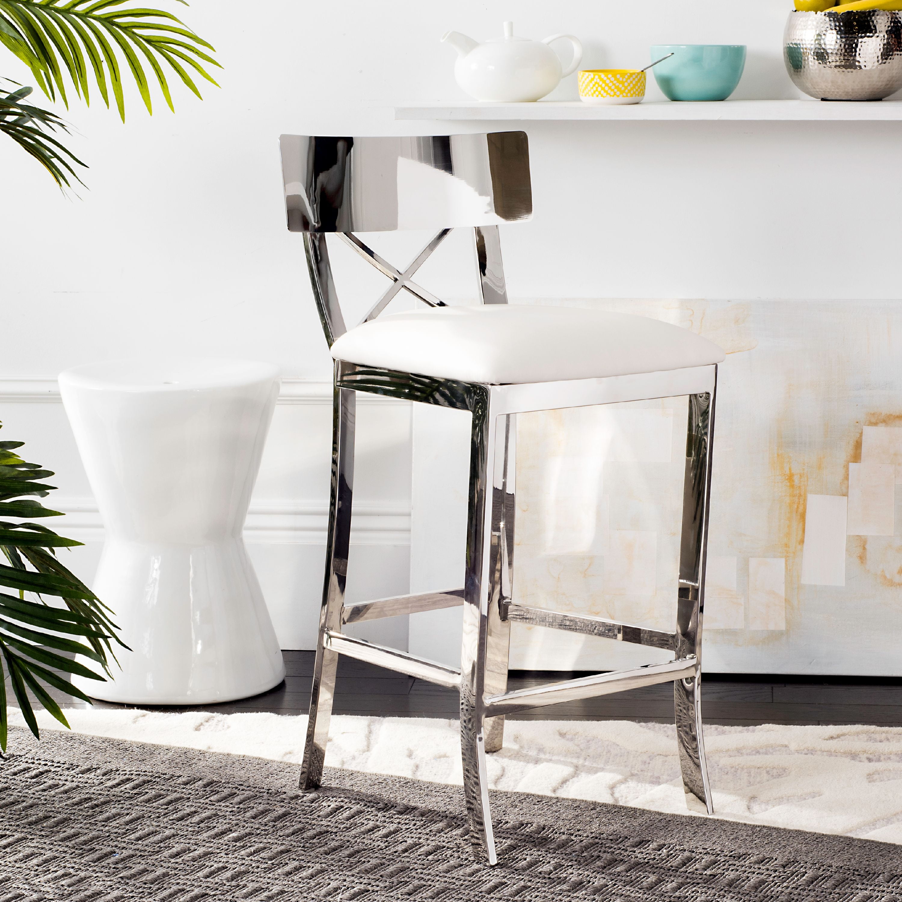 Zoey 35" White Leather Stainless Steel Cross Back Counter Stool
