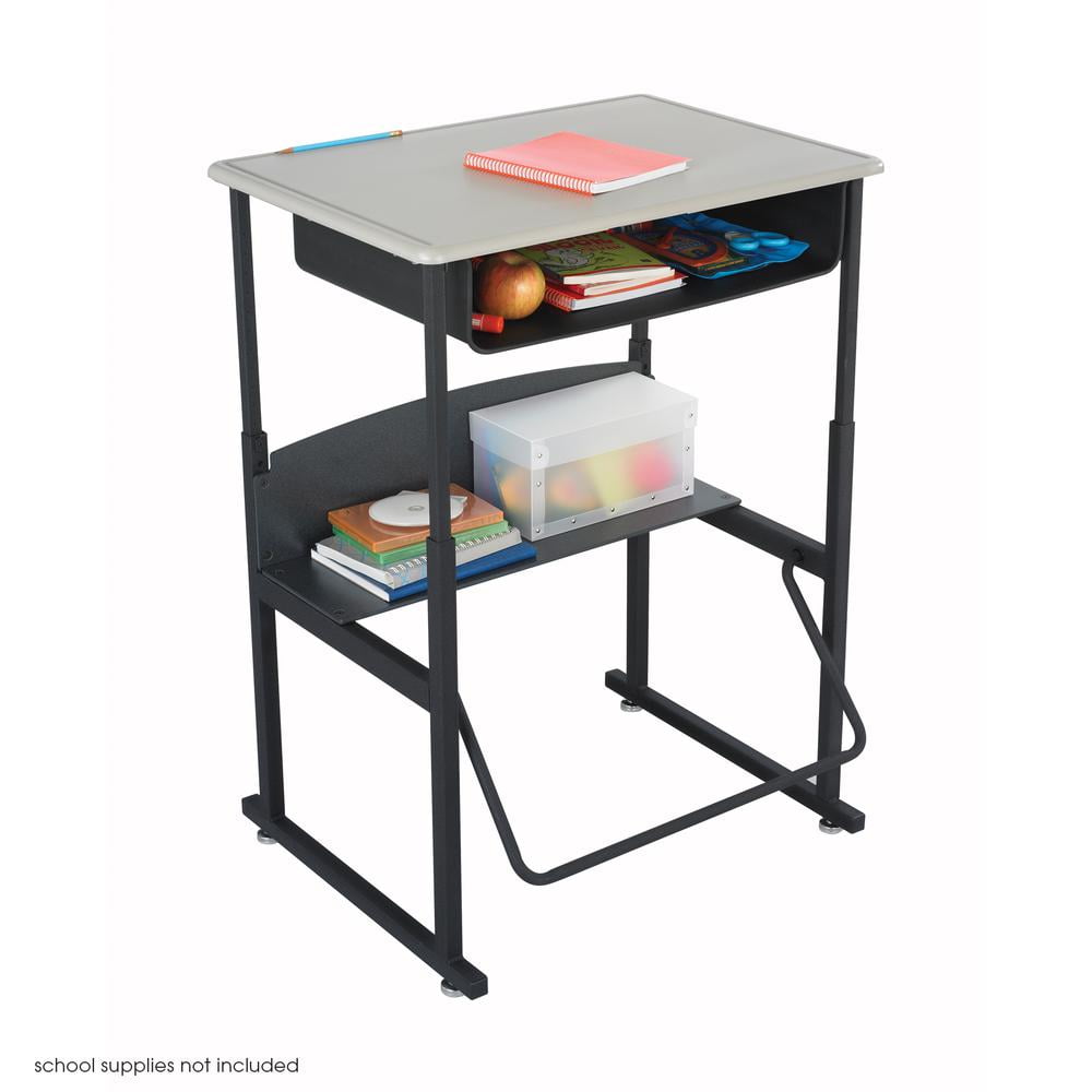Adjustable Black Metal Writing Desk with Swinging Footrest and Storage Shelf