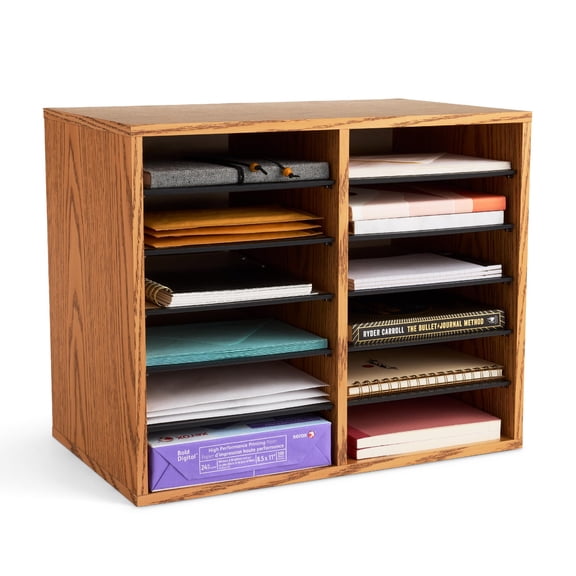 Safco Compressed Wood 12 Compartments Letter Size Desktop File Organizer, Oak