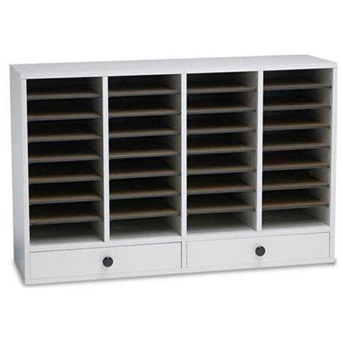 Safco® Adjustable Wood Literature Organizer, 25 3/8"H x 39 3/8"W x 11 3/4"D, 32 Compartments, 2 Drawers, Gray