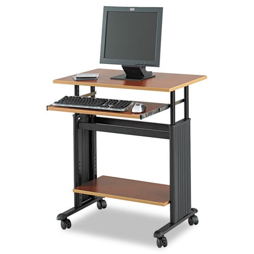 Cherry and Black Adjustable Height Mobile Workstation Cart with Keyboard Tray