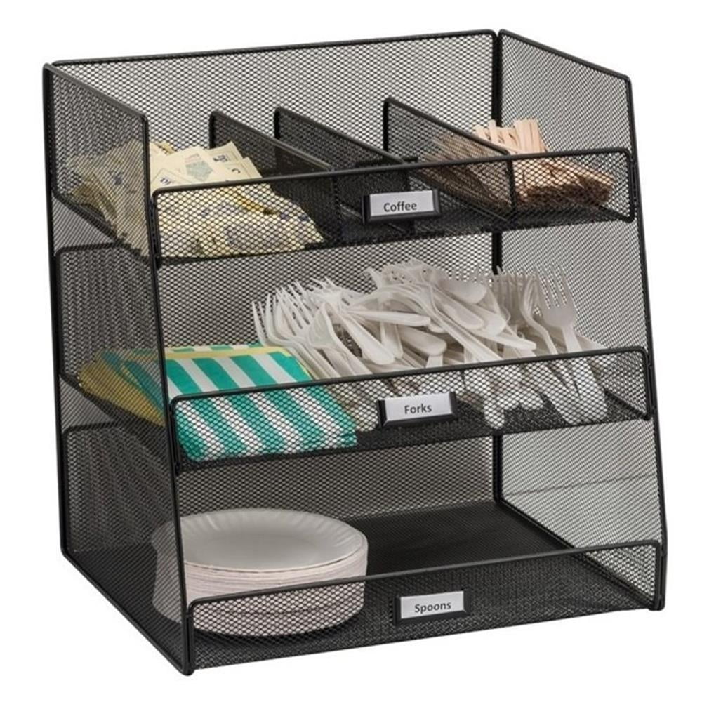 Black Steel Mesh 3-Compartment Breakroom Organizer