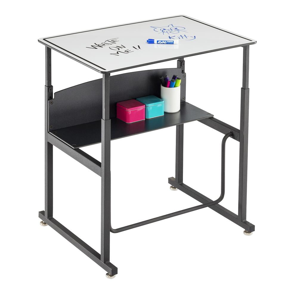 Adjustable Black Steel Standing Desk with Dry Erase Surface and Footrest Bar