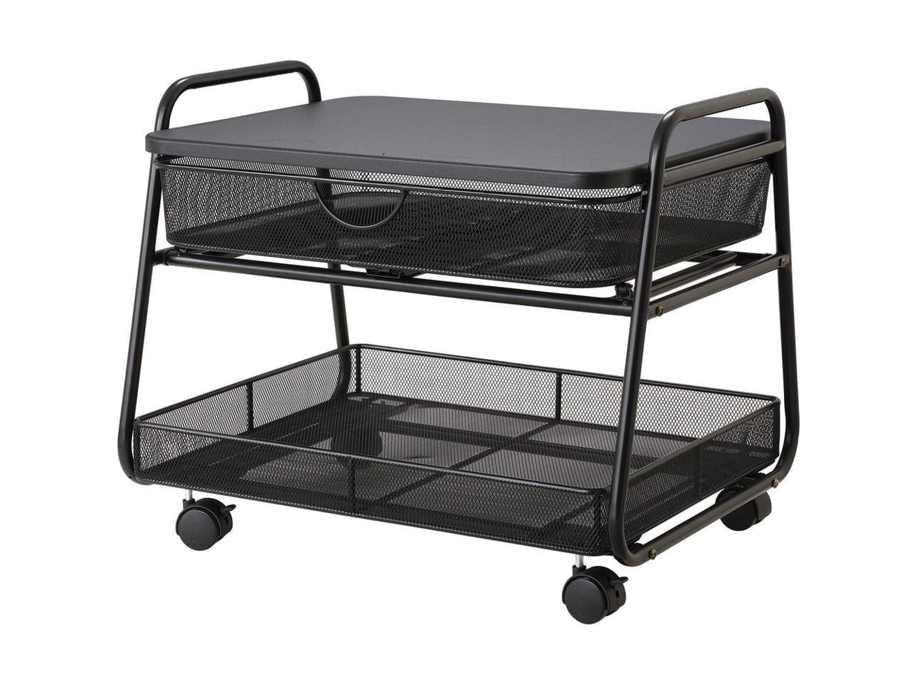 Sleek Black Steel Under-Desk Rolling Stand with Storage Basket & Drawer