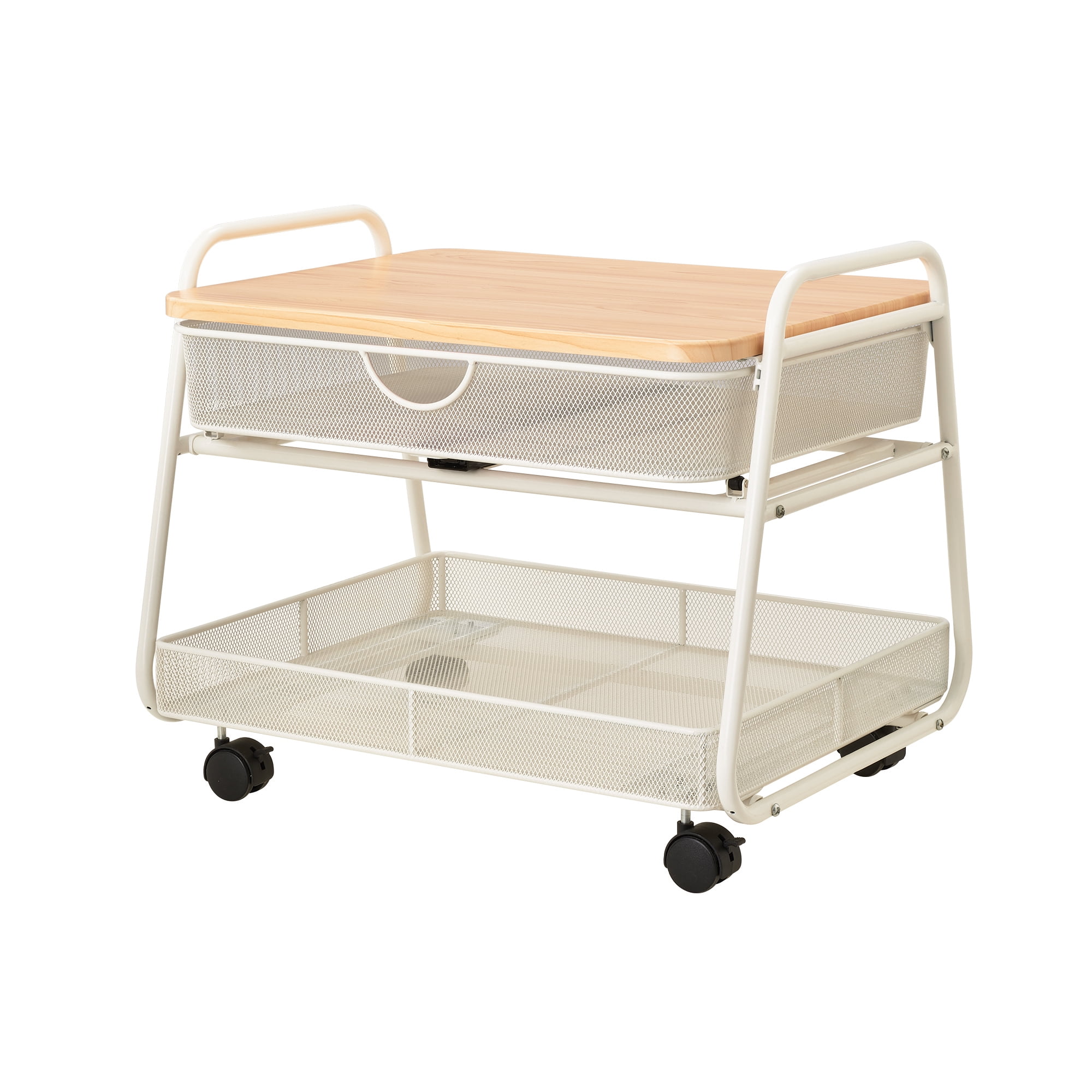 White Steel and Wood Under Desk Rolling Printer Stand
